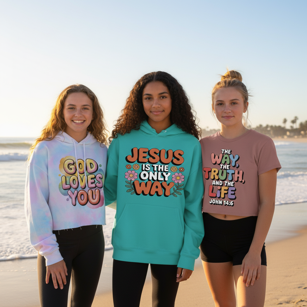 Crystal clear teenage girls on beach with faith hoodies
