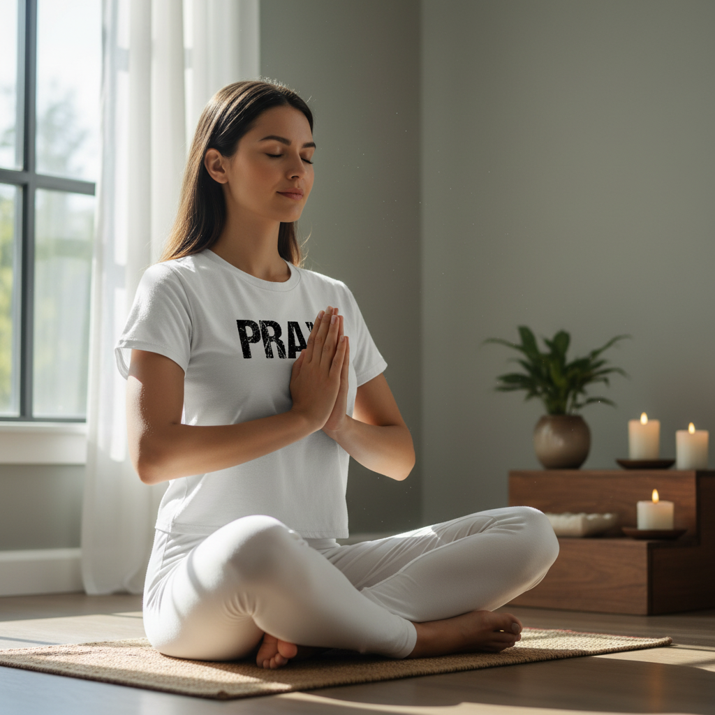 Generated image of a woman praying in white PRAY shirt