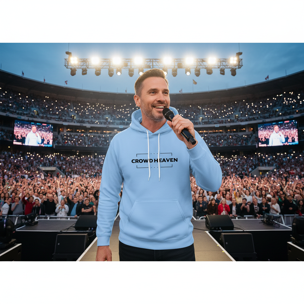 Man speaking with microphone away from chest showing Crowd Heaven hoodie