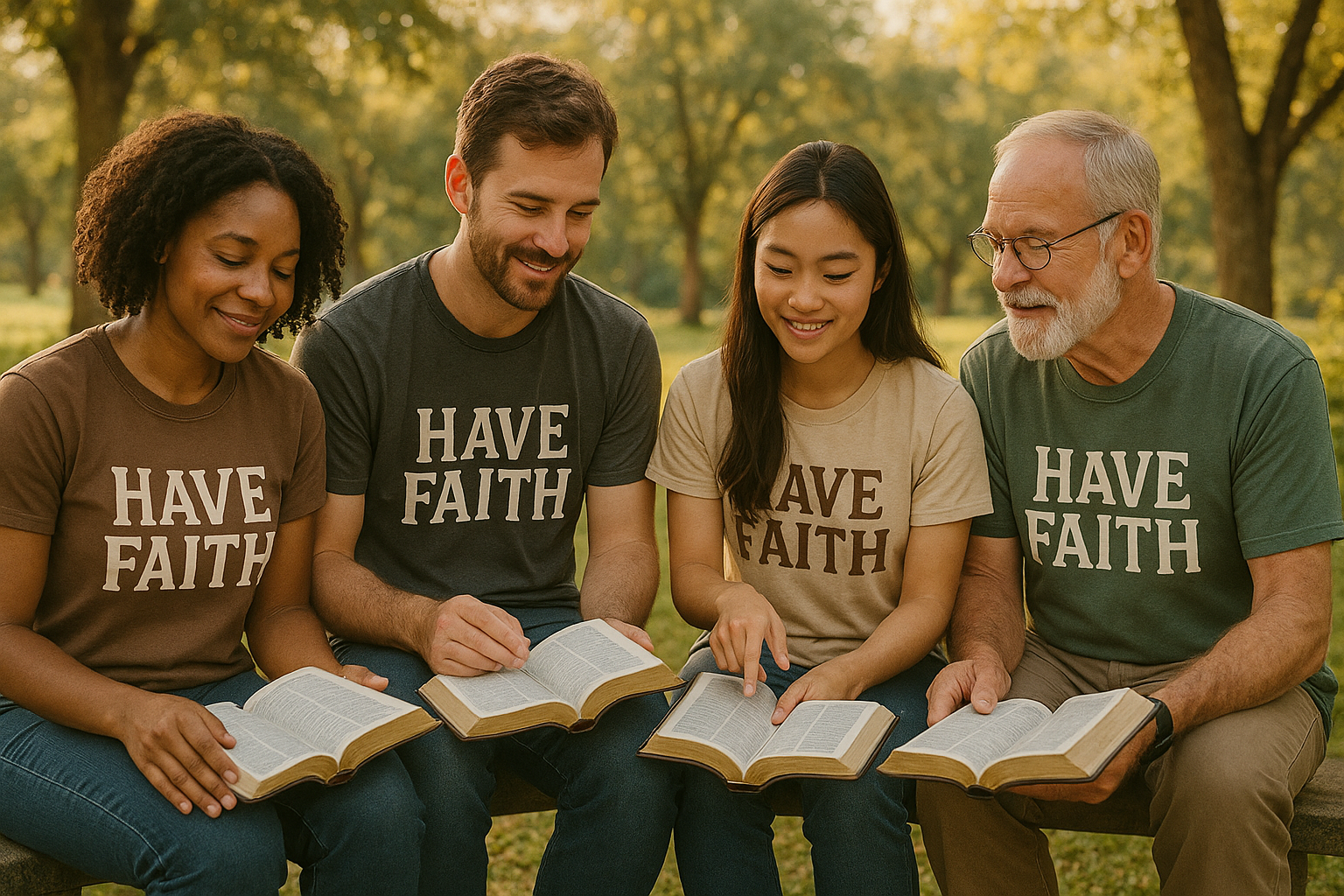 People studying the Bible outdoors wearing Have Faith shirts