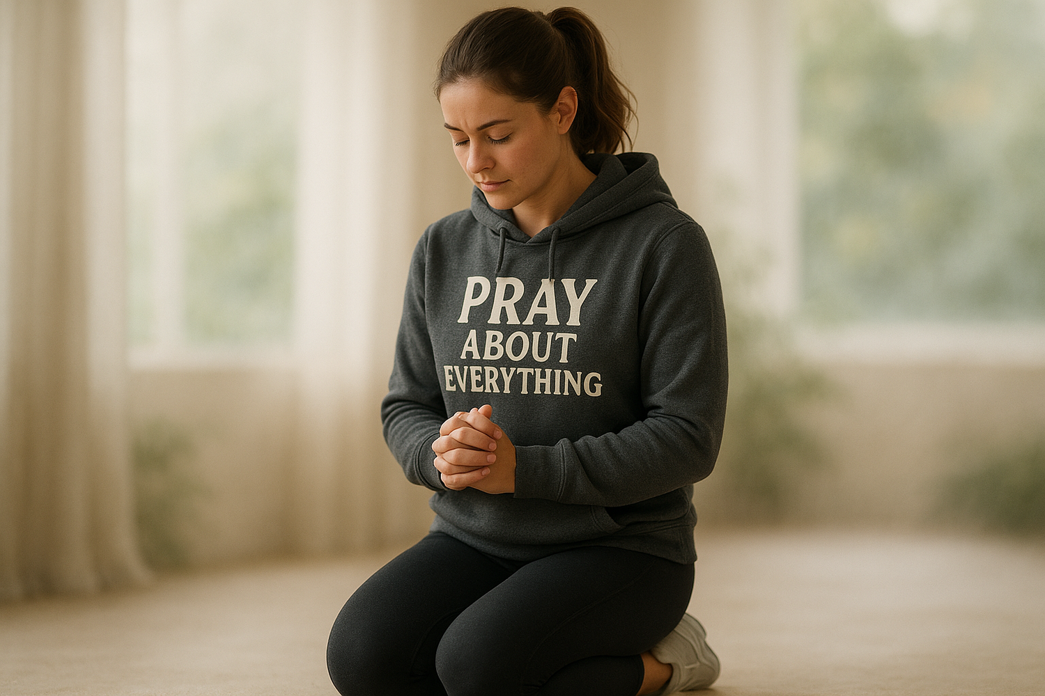Woman praying in athleisure wear